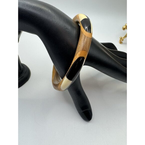 Modernist Boho Wood & Acrylic Bangle Bracelet Black Brown Tan Color Block 8" - Picture 4 of 6